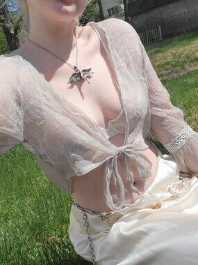 grey boho fairygrunge sheer tie bolero trumpet sleeves